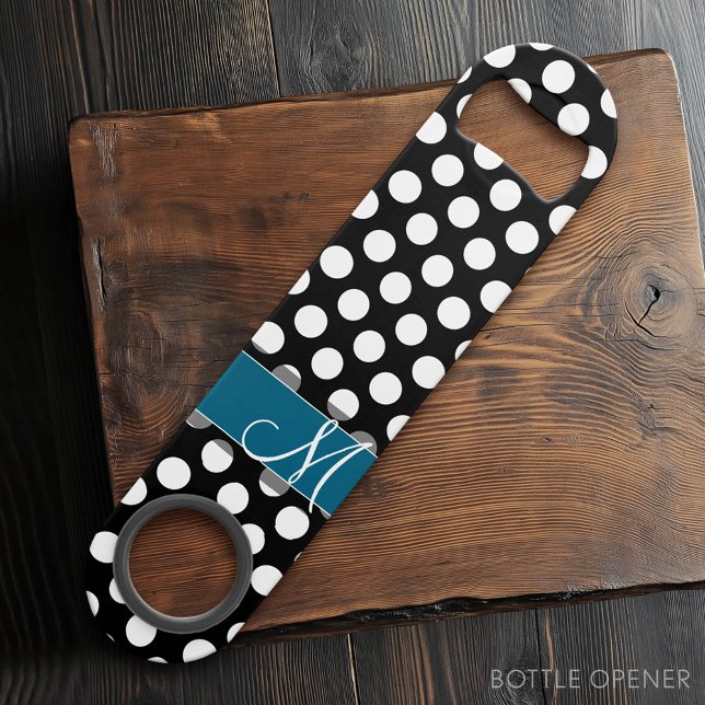 Black and White Polka Dot Pattern Blue Monogram (Custom Bar Key)