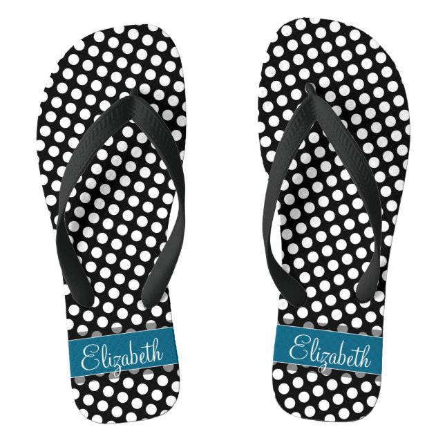 Black and White Polka Dot Pattern Blue Monogram Flip Flops (Footbed)