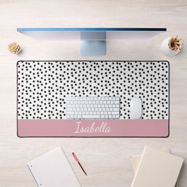 Black and White Polka Dot Pattern Custom Name Desk Mat (Office 1)