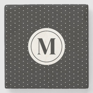Black and White Polka Dot Pattern Monogram Stone Coaster