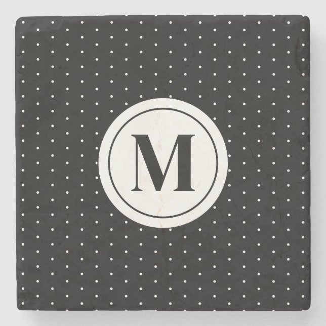 Black and White Polka Dot Pattern Monogram Stone Coaster (Front)