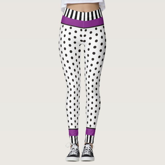 Black and white polka dot pattern & stripes purple leggings (Front)