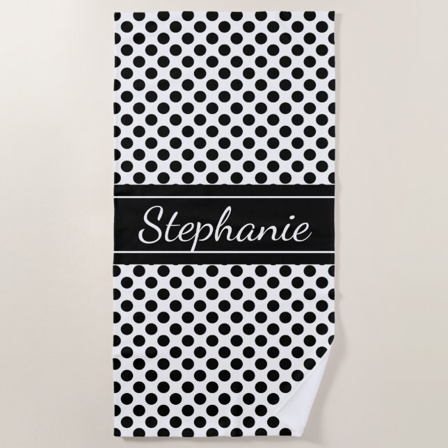 Black and White Polka Dot Personalised Beach Towel (Front)