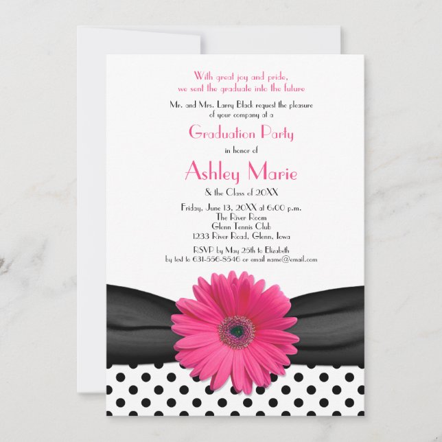 Black and White Polka Dot Pink Daisy Graduation Invitation (Front)