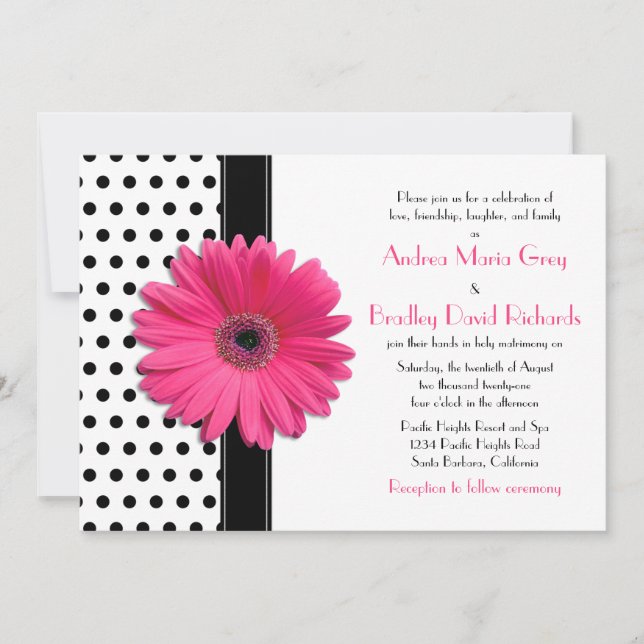 Black and White Polka Dot Pink Daisy Wedding Invitation (Front)