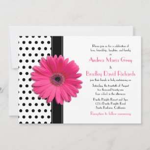 Black and White Polka Dot Pink Daisy Wedding Invitation