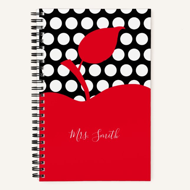 Black and White Polka Dot Red Apple Teacher Notebook (Front)