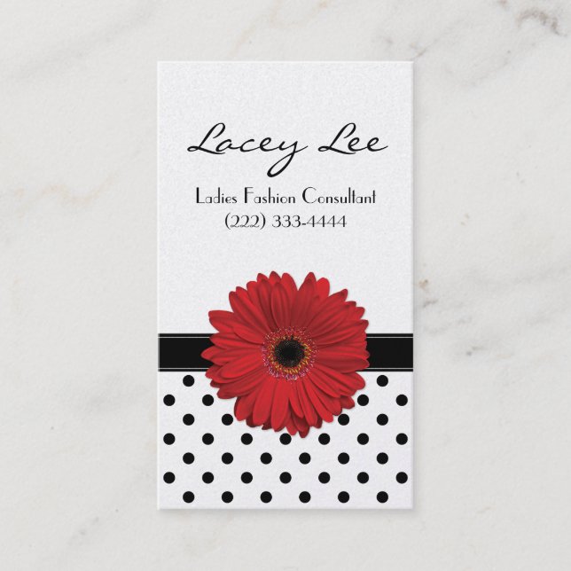 Black and White Polka Dot Red Gerbera Daisy Business Card (Front)