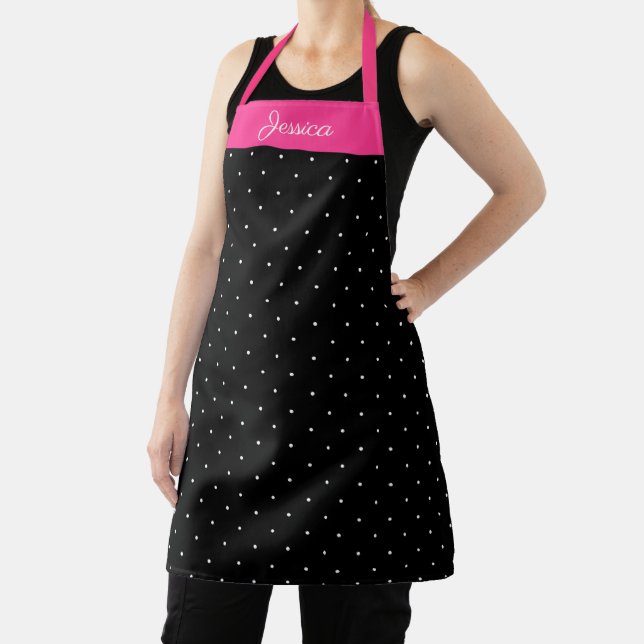 Black and White Polka Dot Red Personalised Name Apron (Insitu)