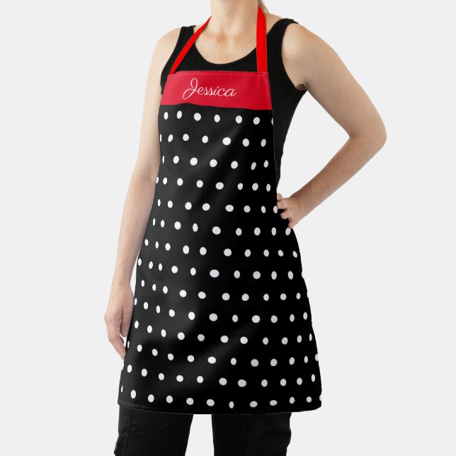 Black and White Polka Dot Red Personalised Name Apron (Insitu)