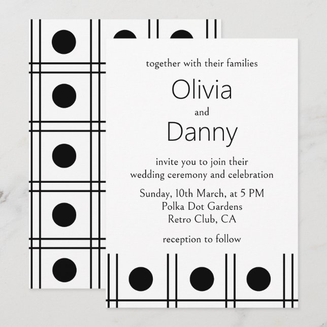 Black and White Polka Dot Retro Wedding Invitation (Front/Back)