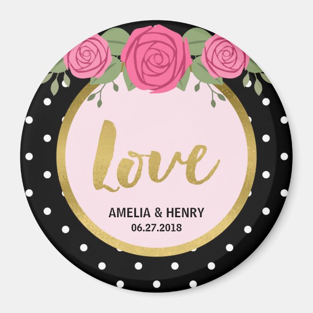 Black and White Polka Dot Roses Wedding Love Magnet (Front)