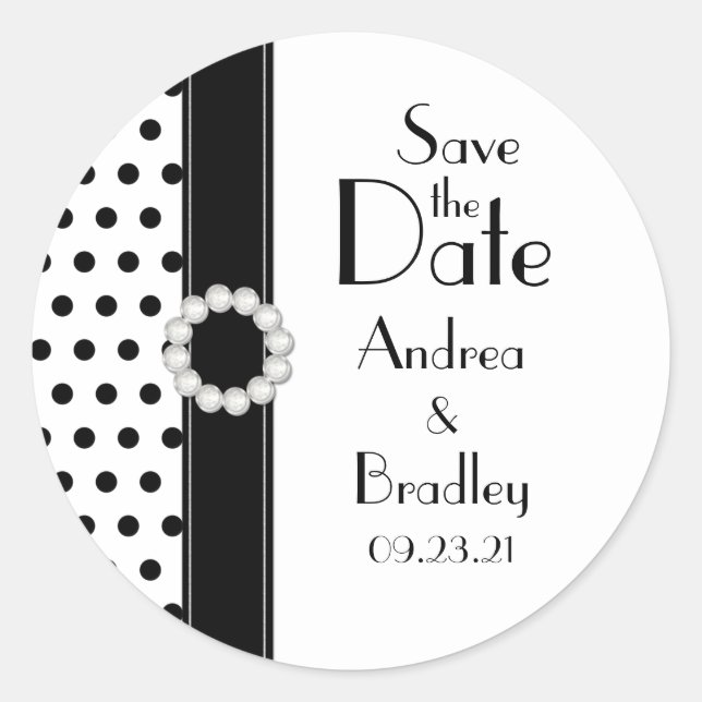 Black and White Polka Dot Save the Date Sticker (Front)