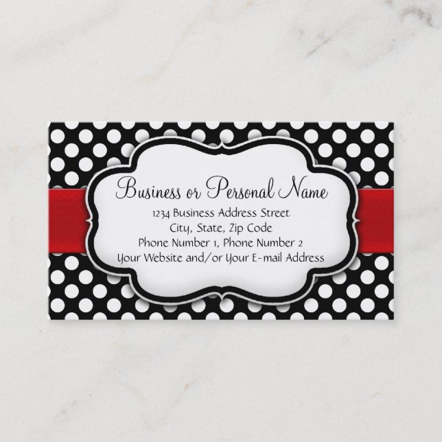 Black and White Polka Dot w/ Red Ribbon Business Card (Front)