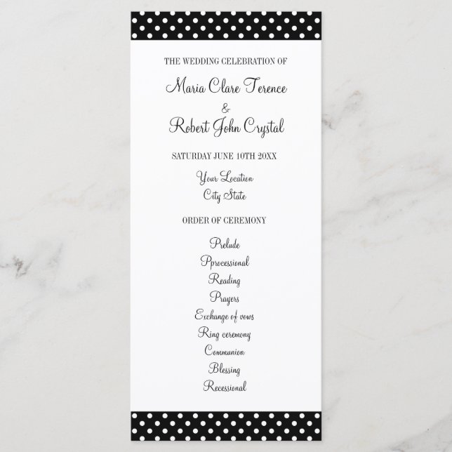 Black and white polka dot wedding ceremony program programme (Front)