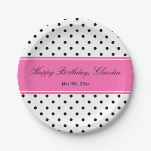 Black and White Polka Dot with Hot Pink Birthday Paper Plate