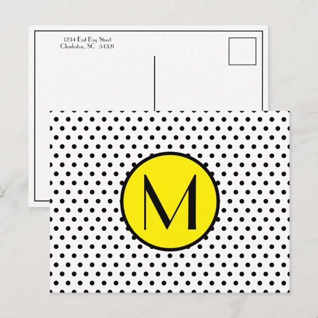Black and White Polka Dot With Yellow Monogram Postcard (Front/Back)