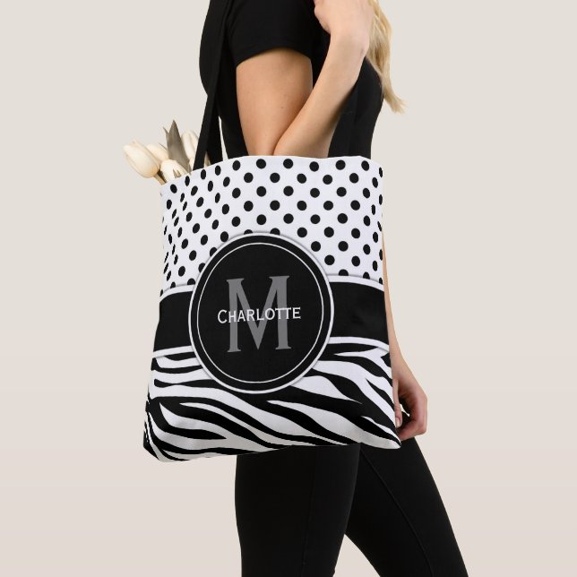 Black and White Polka Dots and Animal Print Tote Bag (Close Up)