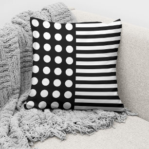 Black And White Polka Dots and Stripes Pattern Cushion