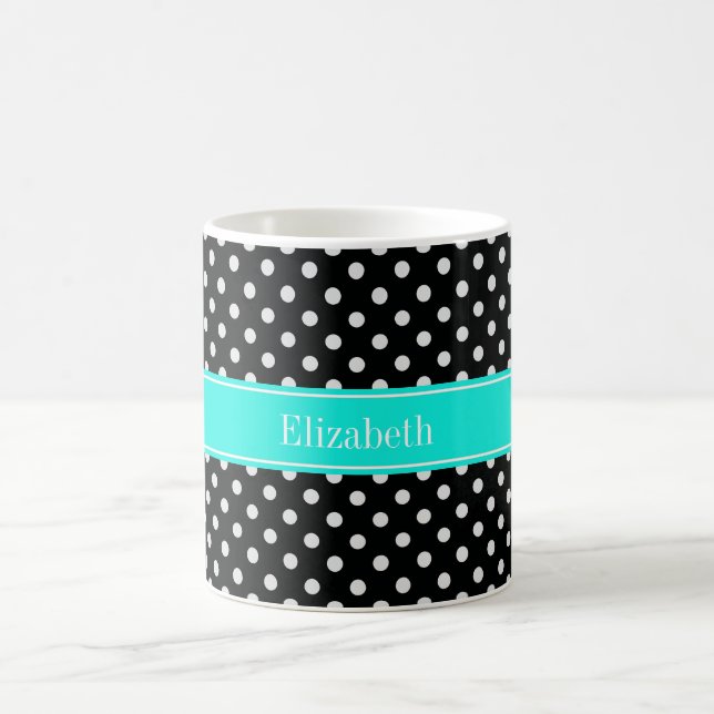 Black and White Polka Dots Aqua Name Monogram7 Coffee Mug (Center)
