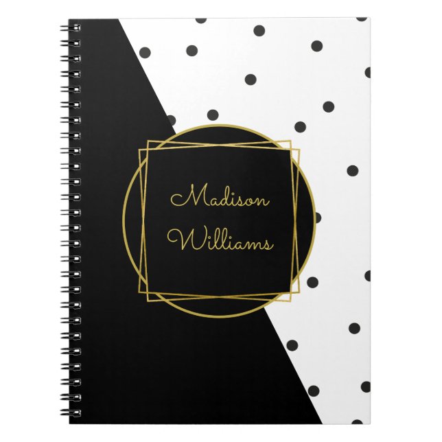 Black and White Polka Dots Colour Block with Name Notebook (Front)