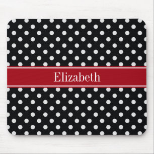 Black and White Polka Dots Cranberry Name Monogram Mouse Mat
