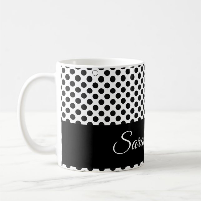 Black and white polka dots Custom script name Coffee Mug (Left)