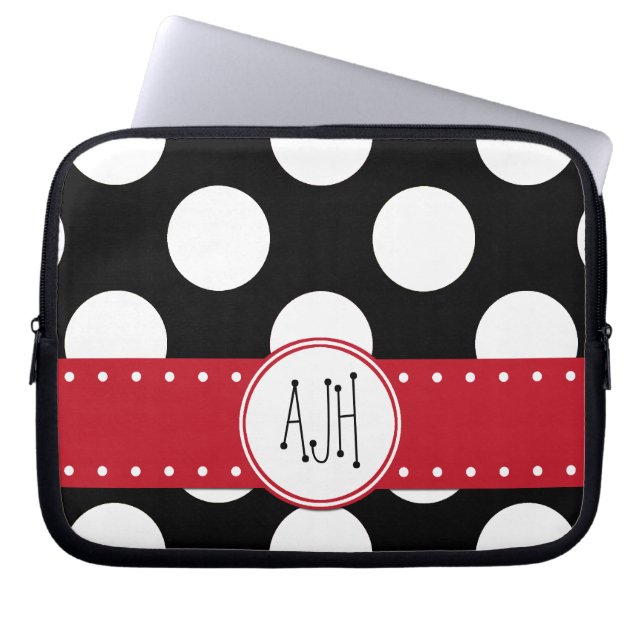 Black and White Polka Dots, Dotted, Monogram Laptop Sleeve (Front)