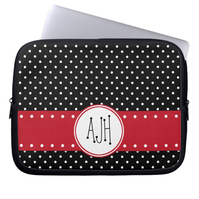 Black and White Polka Dots, Dotted, Monogram Laptop Sleeve (Front)