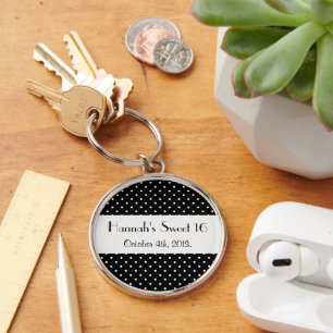 Black and White Polka Dots, Dotted, Sweet 16 Key Ring
