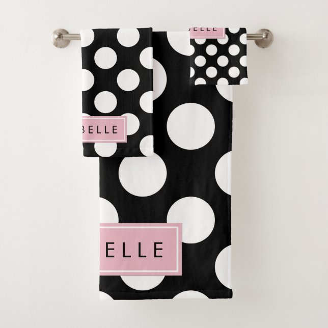 Black and White Polka Dots, Dotted, Your Name Bath Towel Set (Insitu)