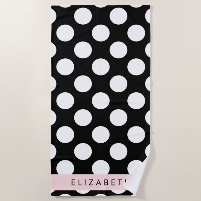 Black and White Polka Dots, Dotted, Your Name Beach Towel (Front)