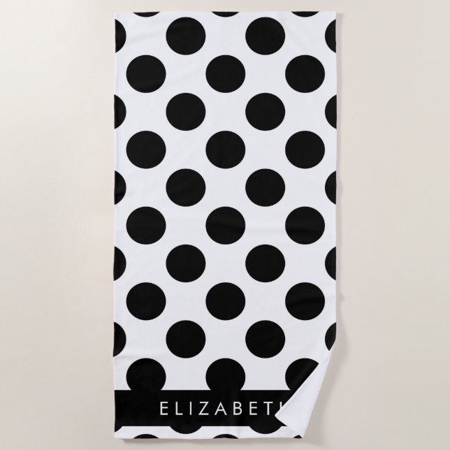 Black and White Polka Dots, Dotted, Your Name Beach Towel (Front)