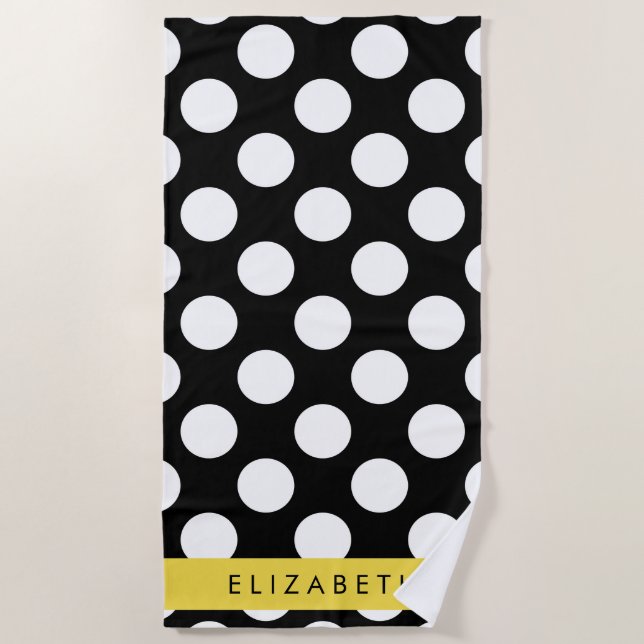 Black and White Polka Dots, Dotted, Your Name Beach Towel (Front)