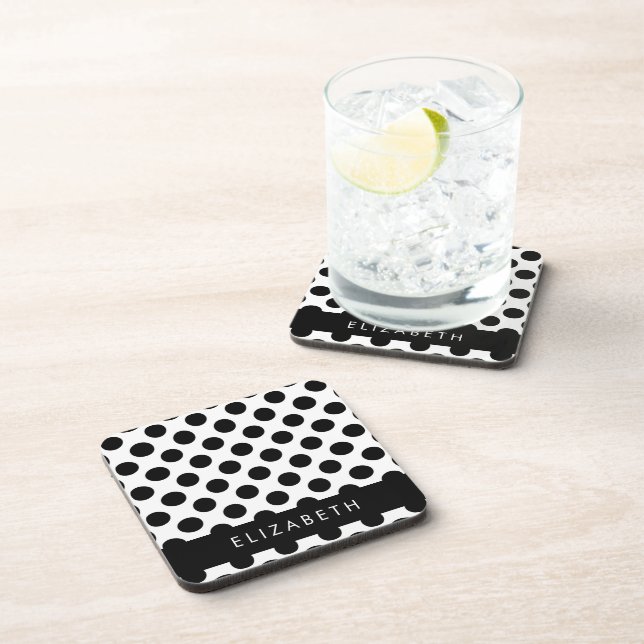 Black and White Polka Dots, Dotted, Your Name Coaster (Right Side)