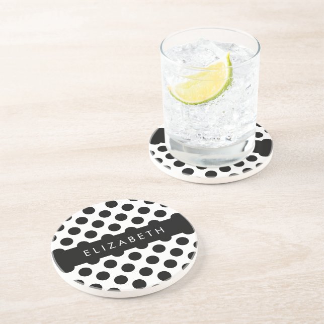 Black and White Polka Dots, Dotted, Your Name Coaster (Side)