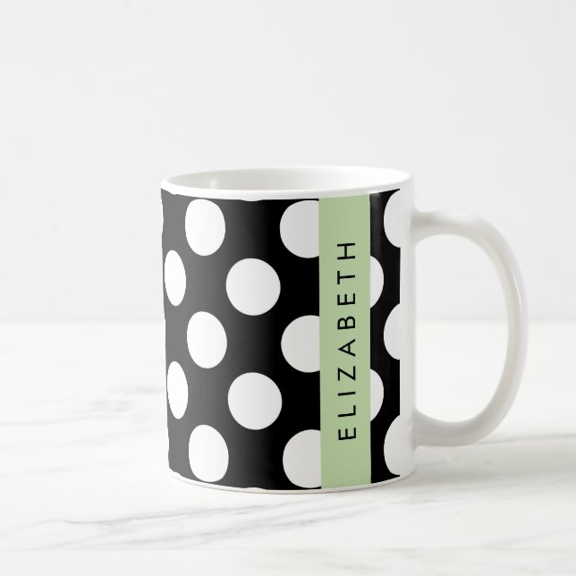 Black and White Polka Dots, Dotted, Your Name Coffee Mug (Right)