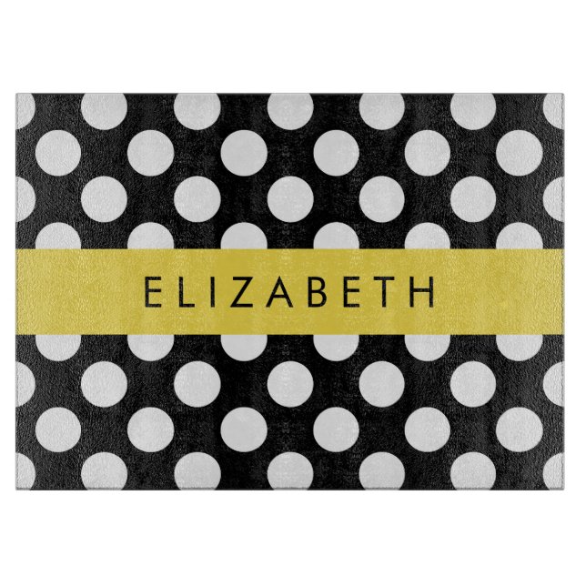 Black and White Polka Dots, Dotted, Your Name Cutting Board (Front)