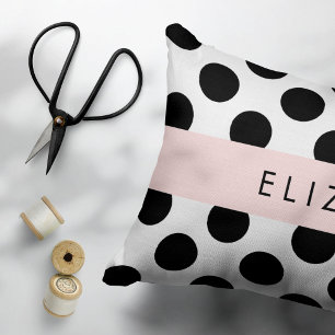 Black and White Polka Dots, Dotted, Your Name Decorative Cushion
