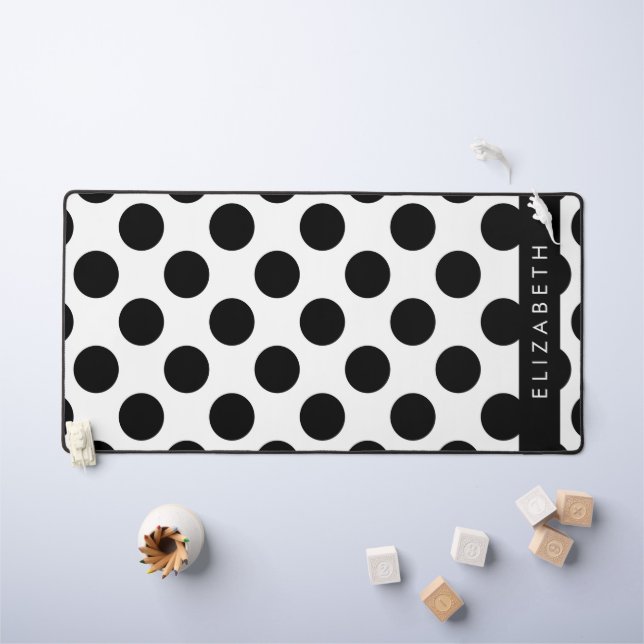 Black and White Polka Dots, Dotted, Your Name Desk Mat (Kids Table)