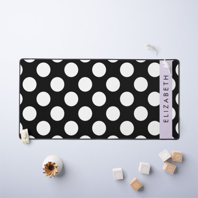 Black and White Polka Dots, Dotted, Your Name Desk Mat (Kids Table)