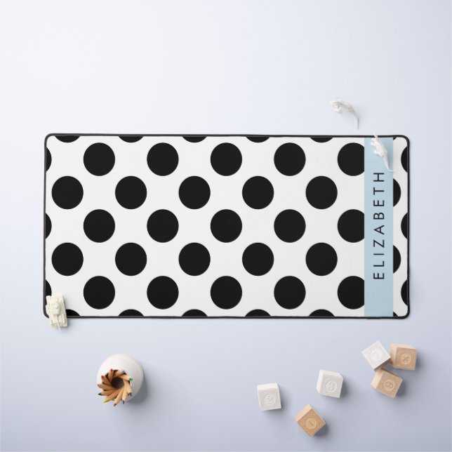 Black and White Polka Dots, Dotted, Your Name Desk Mat (Kids Table)