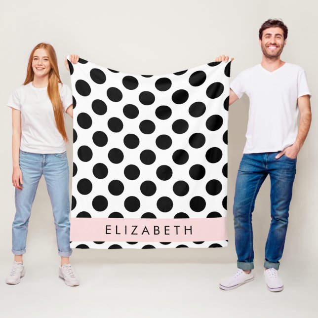 Black and White Polka Dots, Dotted, Your Name Fleece Blanket (In Situ)