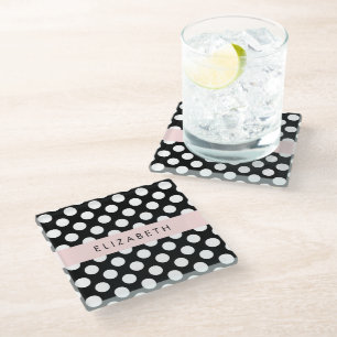 Black and White Polka Dots, Dotted, Your Name Glass Coaster