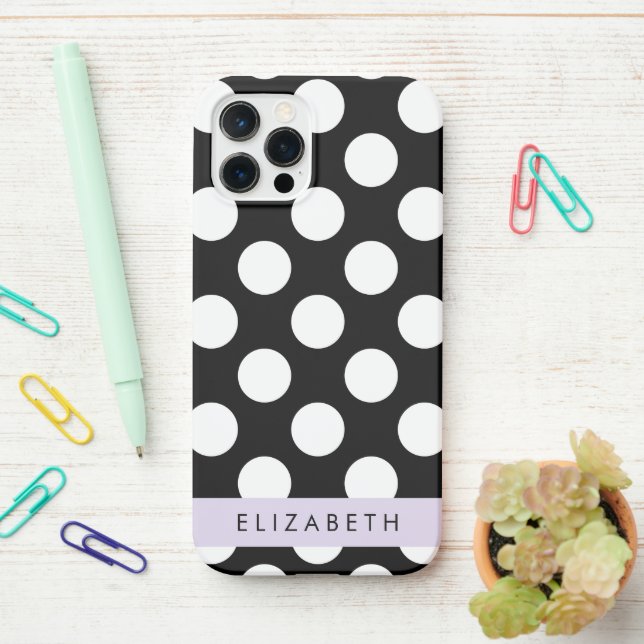 Black and White Polka Dots, Dotted, Your Name iPhone Case (On Desk)