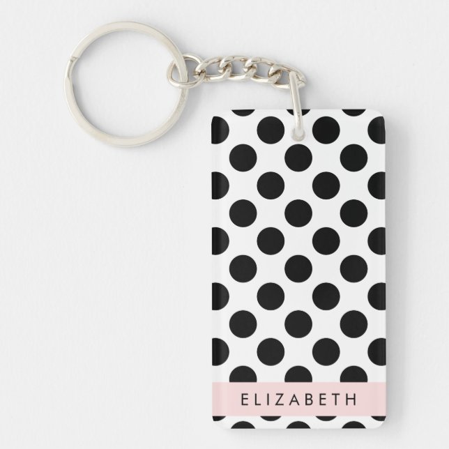Black and White Polka Dots, Dotted, Your Name Key Ring (Front)