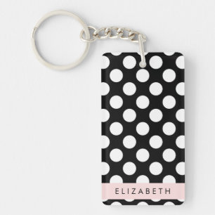Black and White Polka Dots, Dotted, Your Name Key Ring