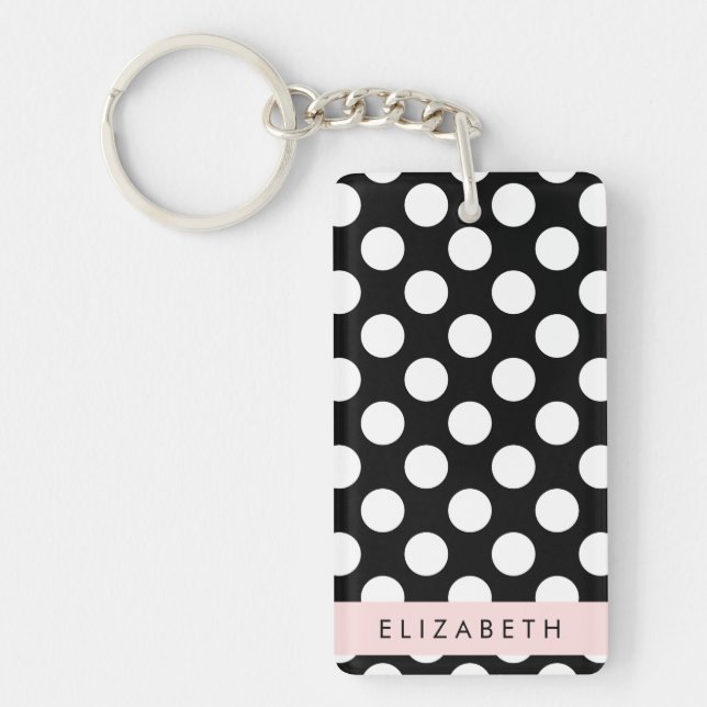 Black and White Polka Dots, Dotted, Your Name Key Ring (Front)