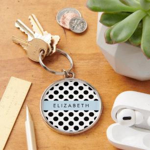 Black and White Polka Dots, Dotted, Your Name Key Ring