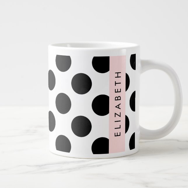 Black and White Polka Dots, Dotted, Your Name Large Coffee Mug (Right)